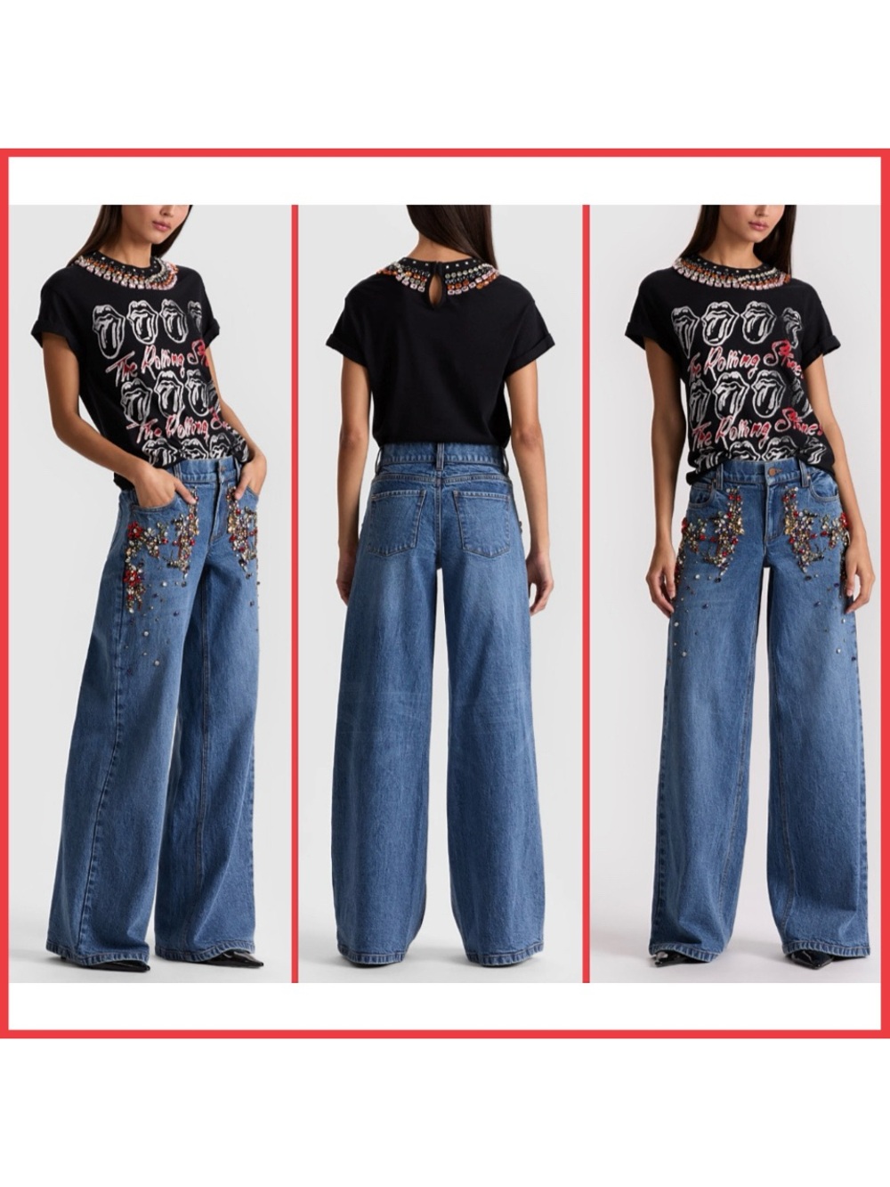 Alice + Olivia Amazing Crystal Embellished Wide Leg Jeans - Picture 4 of 11